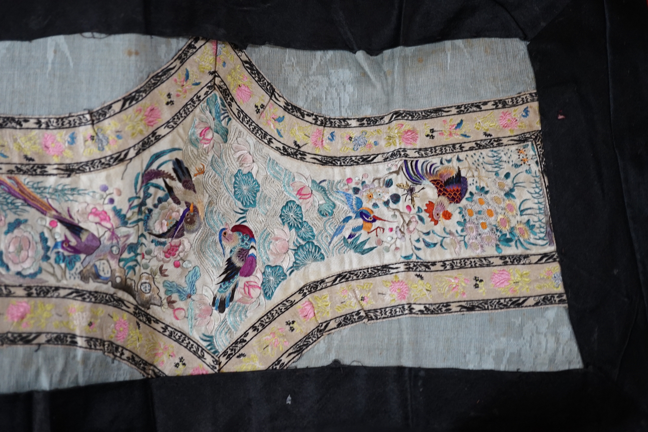 Two mid 20th century Chinese embroidered Rank Badges, a large gold thread dragon embroidered collar, three Chinese embroidered panels and a Japanese 1930’s Shantung silk dragon embroidered Kimono dressing gown